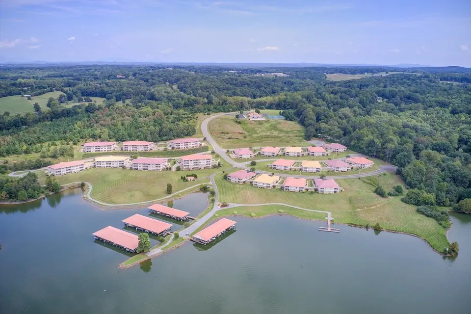 Aerial of the Bridgewater Bay development along the lake, with the Blue Ridge foothills beyond