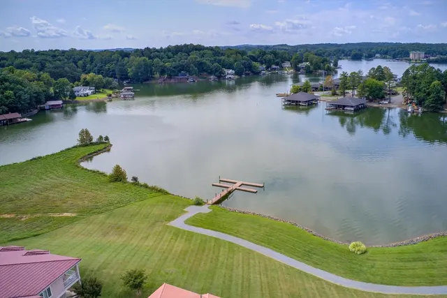 Aerial looking across the cove toward the community dock and open lake